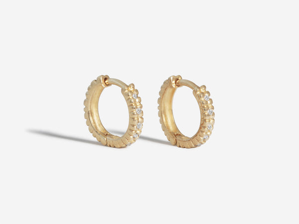 Three-quarters profile view of earrings showing the outer texture