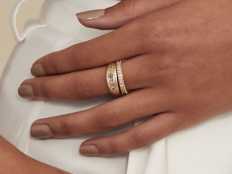 Model wearing ring together with Large Textured Infinity Band
