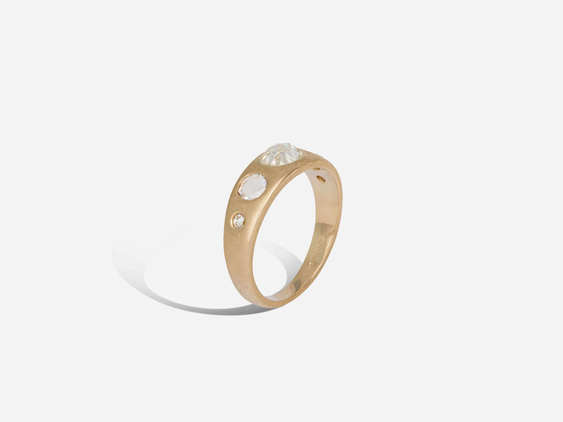 3/4 profile view of the ring to show the open back flush setting of the 5 rose cut diamonds
