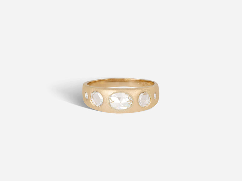 Front view of ring with oval and round graduated rose cut diamonds