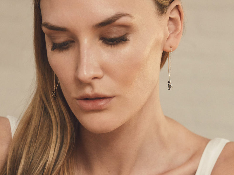 Model wearing the earrings. the gold wire is to be threaded through the ear piercing 