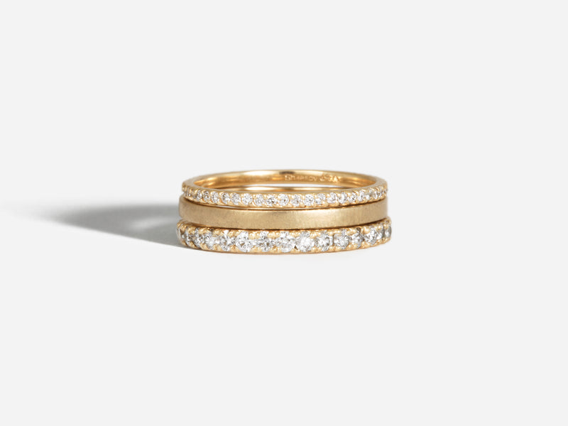 14k yellow gold ring stack featuring 1 mm eternity band, 1.9 mm pipe cut band, and 2 mm eternity band