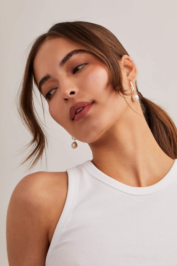Silver Rectangular Pearl Drop Hoops